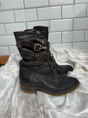 A.S.98 Black Leather Lace-Up Combat Boots with Brown Strap